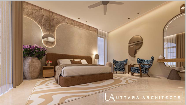 Calm bedroom with warm stone feature wall and soft lighting